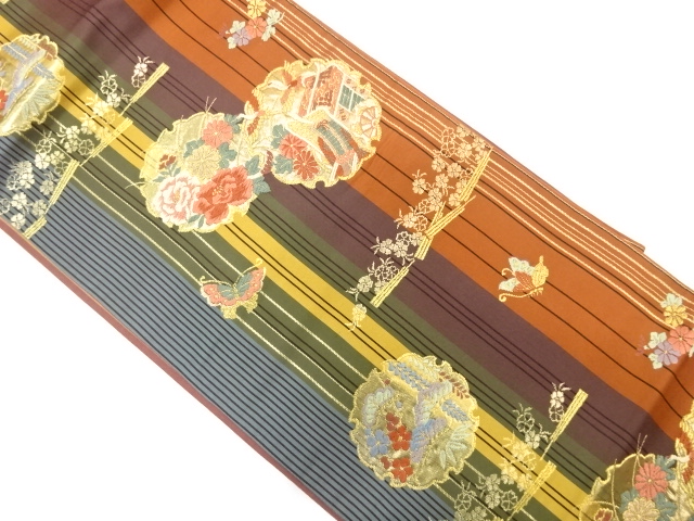 雪輪に御所車・花模様織り出し　袋帯